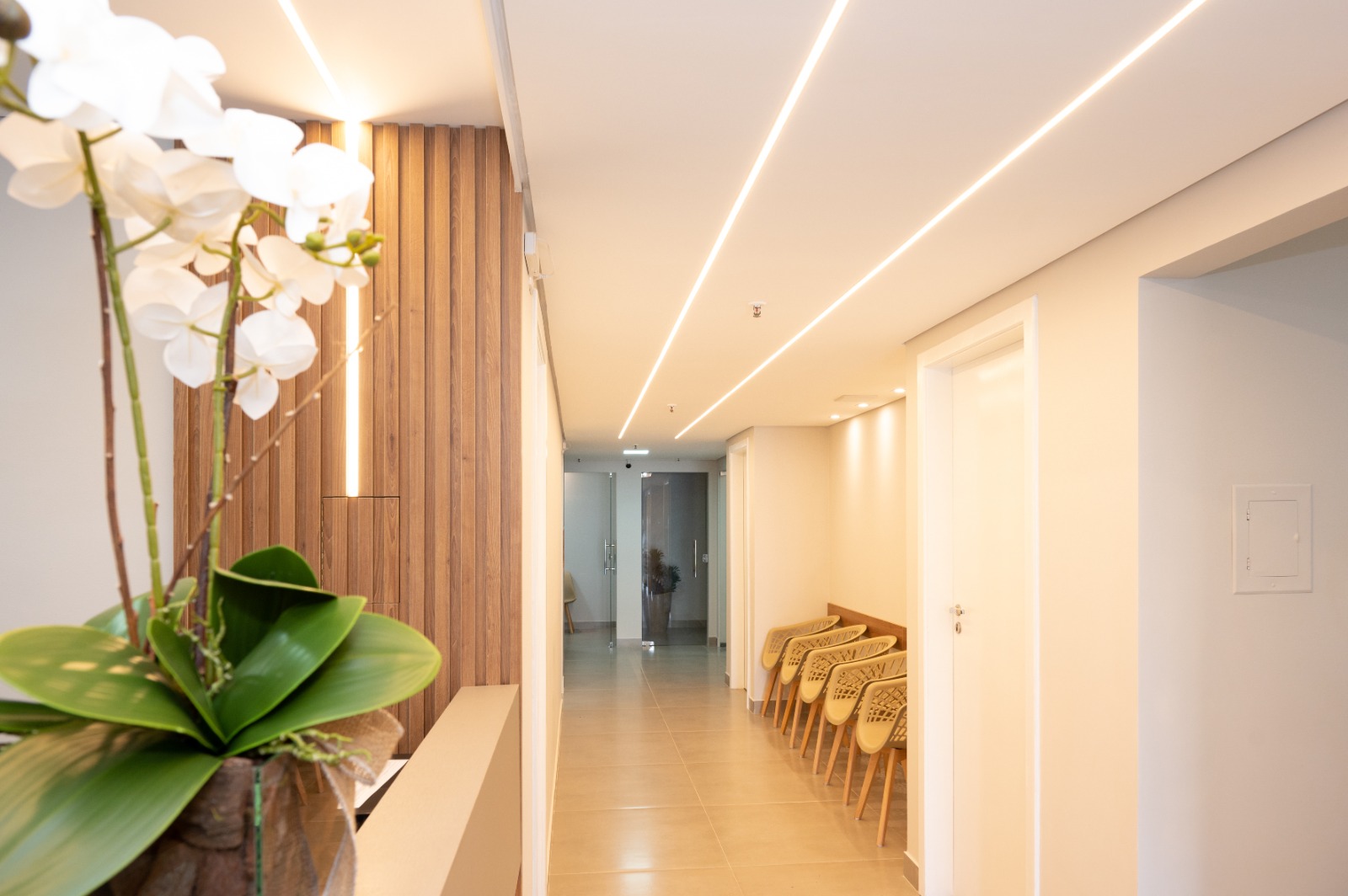 Recepção MedMax com detalhes em madeira